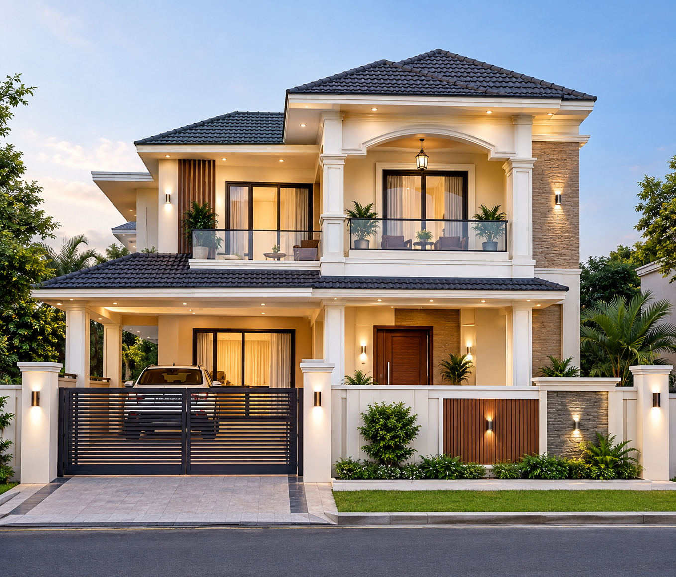 Villa-Styled Double-Floor House Front Elevation Designs